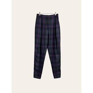 TIBI Navy Blue Plaid Print High Waist Pleated Tapered Leg Trouser Pants Size 4